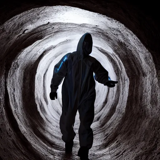 Prompt: a man wearing a biohazard suit walking through a tunnel made of flesh and eyes, nightmarish, surreal, 8k