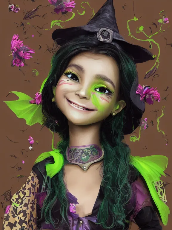 Image similar to Full shot of a cute mischievous young witch about to get up to some trouble with her playful bat familiar. Latin American fashion. Floral patterns. Swarm of Bats. Bat Wings. Black and Pink and Lime Green palette. Magic. Latina girl. brown skin. defined facial features, symmetrical facial features. Smiling. By Ruan Jia and Artgerm and Range Murata and WLOP and Ross Tran and William-Adolphe Bouguereau. Key Art. Fantasy Illustration. award winning, Artstation, intricate details, realistic, Hyperdetailed, 8k resolution.