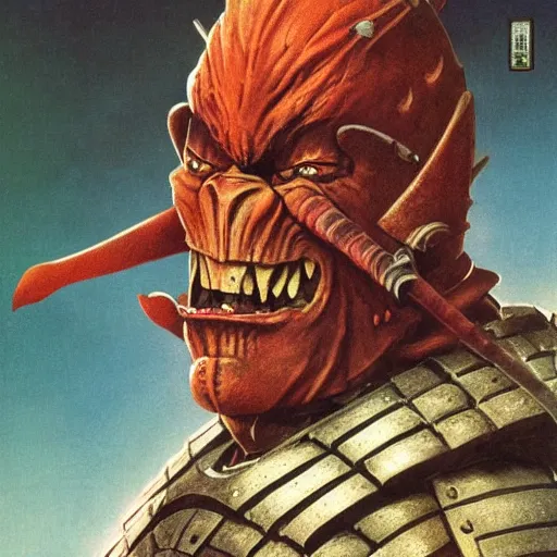 Image similar to head and shoulders portrait of a samurai hobgoblin, d & d, fantasy, greg rutkowski, frank frazetta, alexandre chaudret, boris vallejo, michael whelan, miro petrov, hr giger, magali villeneuve, donato giancola