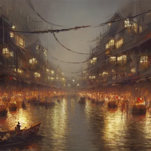 Image similar to concept art, river lanterns on the eve of ullambana festival, by james gurney, greg rutkowski, john howe, artstation