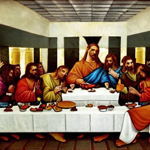 Prompt: Mc Donalds as the last supper with Ronald as Jesus