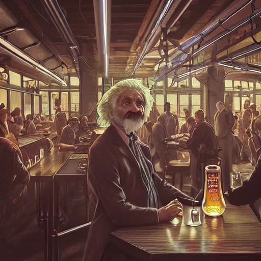 Image similar to Full colour render of albert einstein and nikola tesla brinking beer in a bierhall.. 4K award winning photorealistic concept art. smooth, sharp focus, illustration, dark cyberpunk, dystopian, sythwave, neon art by artgerm and moebius and alphonse mucha