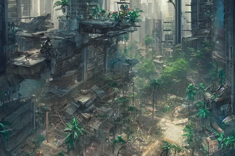 Image similar to a cyberpunk city in ruins, jungle plants overgrowing the streets and buildings, cats!! run through the ruins, drinking from pools of water and climbing on old fallen signs, by artgerm and amano and rutkowski and kincaid, trending on artstation