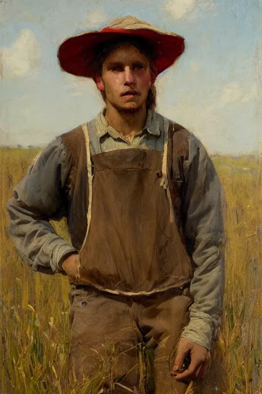 Prompt: Solomon Joseph Solomon and Richard Schmid and Jeremy Lipking victorian genre painting full length portrait painting of a young peasant farmer working in the field, red background