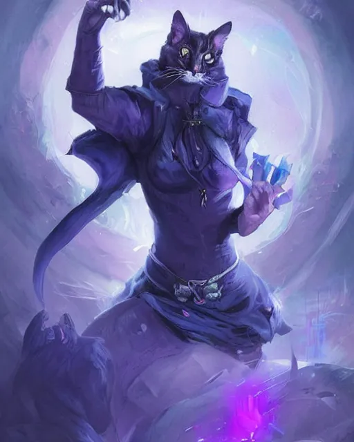 Prompt: Cat Illusionist, portrait, purple and blue, magic the gathering artwork, D&D, fantasy, cinematic lighting, centered, symmetrical, highly detailed, digital painting, artstation, concept art, smooth, sharp focus, illustration, volumetric lighting, epic Composition, 8k, art by Akihiko Yoshida and Greg Rutkowski and Craig Mullins, oil painting, cgsociety