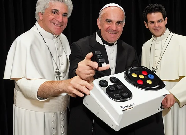 Image similar to tommy tallarico posing with the pope holding an intellivision controller at electronic gaming expo