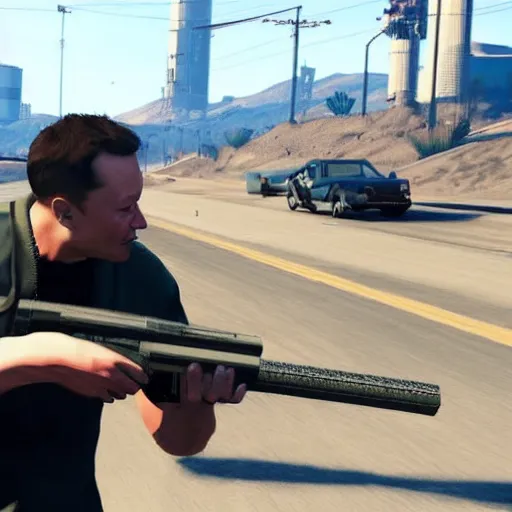 Prompt: Elon Musk in GTA V using a rocket launcher, gameplay screenshot