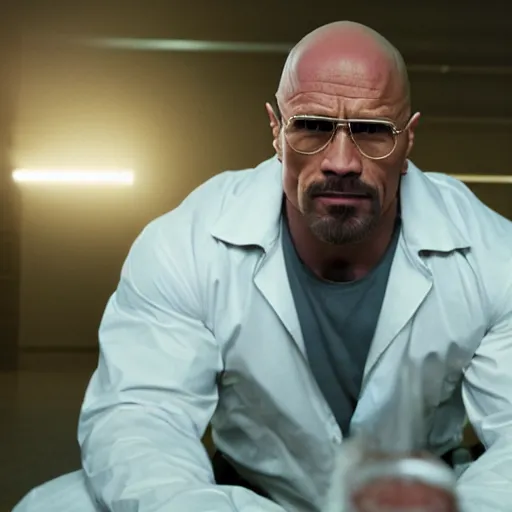 Image similar to Dwayne The Rock Johnson as Walter White in 'Breaking Bad' (2012), movie still frame, oscar nominated cinematography, volumetric lighting, 8k resolution, beautiful composition