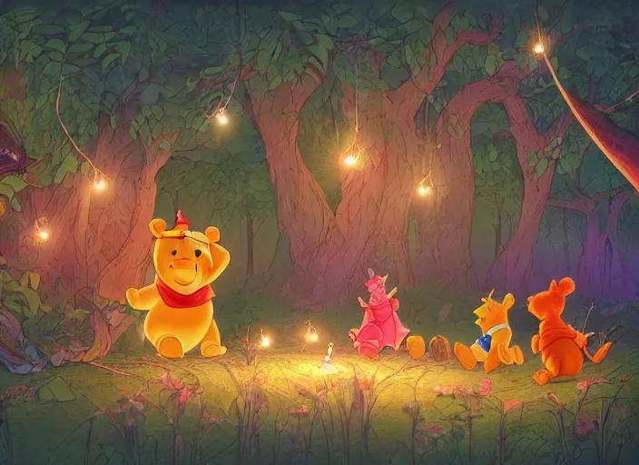 Prompt: concept art of a birthday party at night with winnie the pooh characters in the woods, paper lanterns and fairy lights, cel shaded, in the style of makoto shinkai and moebius and peter mohrbacher and anton fadeev