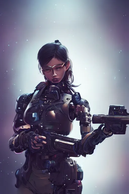 Image similar to beautiful illustration of a cyborg mercenary girl holding a rifle, art by wlop, artgerm, upper body, cyberpunk, neon, elegant, highly detailed, trending on artstation, sharp focus, caustics, octane render, radiant light, 4 k