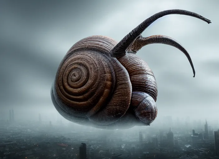 Image similar to photo of a giant snail terrorizes a foggy city. fantasy horror style. highly detailed 8 k. intricate. nikon d 8 5 0 3 0 0 mm. award winning photography.