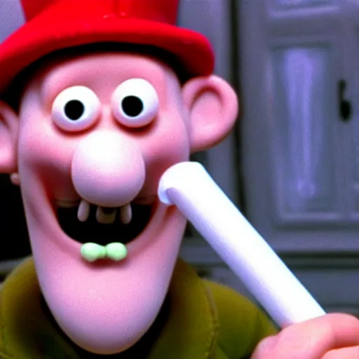 Image similar to Wallace smoking crack from a crack pipe in a still from the short movie A Grand Day Out (1989), Wallace and Gromit, Aardman Animations, claymation, 4k, high quality