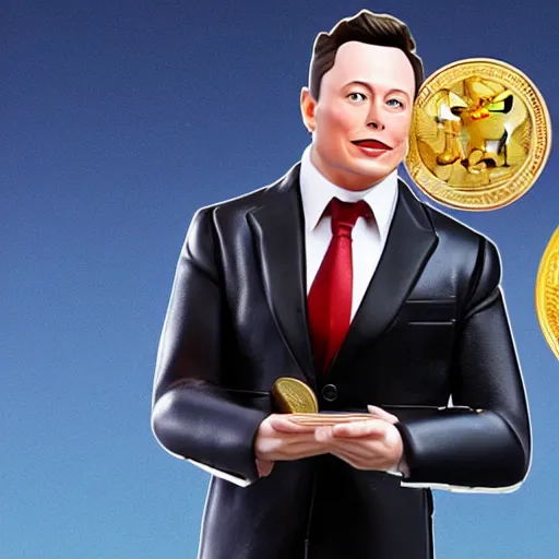 Image similar to a realistic action figure of elon musk holding doge coin currency