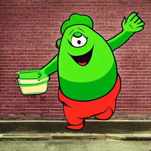 Prompt: the kool - aid man, but green, busting through a wall