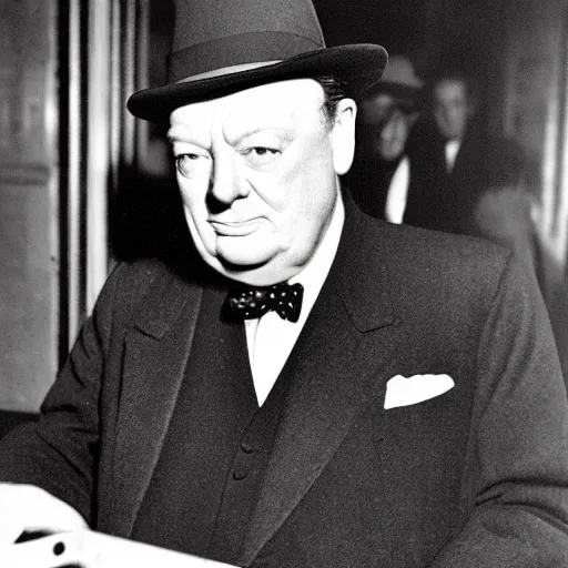 Image similar to A black and white photograph, circa 1940s, of Winston Churchill using a smartphone