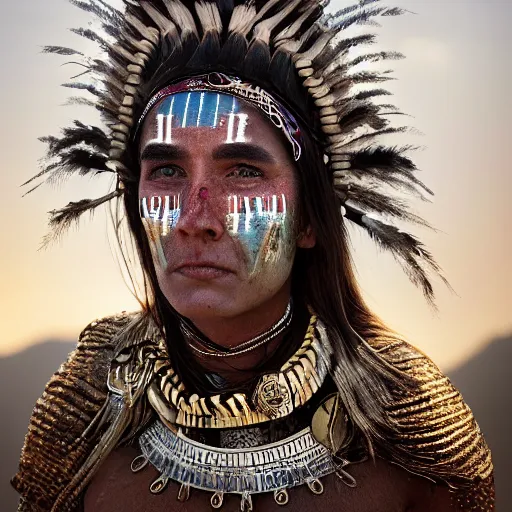 Prompt: head and shoulders portrait of a female knight, tribal armor, headdress, smudged face, war paint, detailed face, photography by jimmy nelson, by paul schutzer, golden hour, jungle