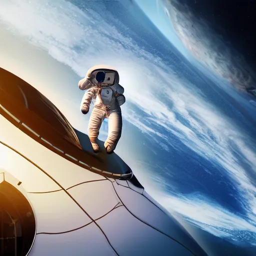 Prompt: 4 k realistic photo of an astronaut walking around a futuristic spaceship, highly detailed