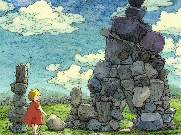 Prompt: a simple watercolor studio ghibli movie still fantasy concept art of a giant medieval kid playing with stones like they are toys in a tiny stonehenge. it is a misty starry night. by rebecca guay, michael kaluta, charles vess