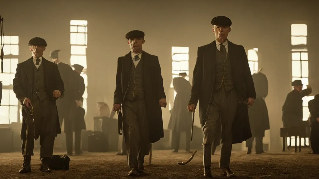 Image similar to the peaky blinders with peanuts heads, film still from the movie directed by denis villeneuve with art direction by zdzis