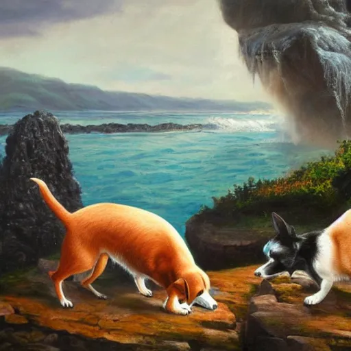 Prompt: two dogs are sitting on the a rock and looking at the bay, waterfall and fight of godzillas, oil painting, high detailed