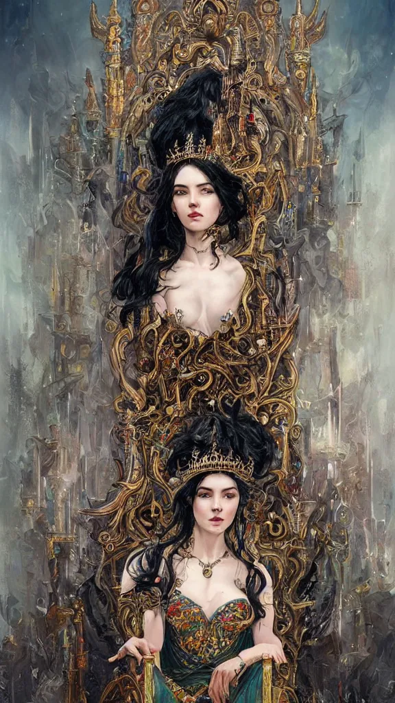 Image similar to painting of a beautiful black haired woman with pale skin and a crown on her head sitted on an intricate metal throne, illustration, artistic, colorful, hyper detailed, in the style of greg rutkowski,