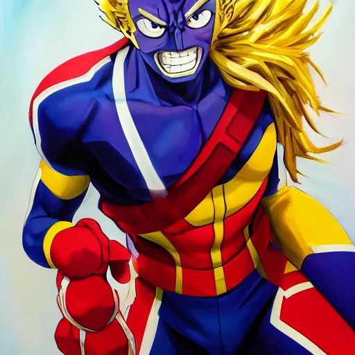 Image similar to an oil painting of a all might from my hero academia by artgerm, hero costume, middle ages, hd, hdr, ue 5, ue 6, unreal engine 5, third dimensional, 3 d, disney quality cinematic 4 k wallpaper, 8 k, ultra detailed, gta 5 cover art, comic book black shading, high resolution, artstation, award winning