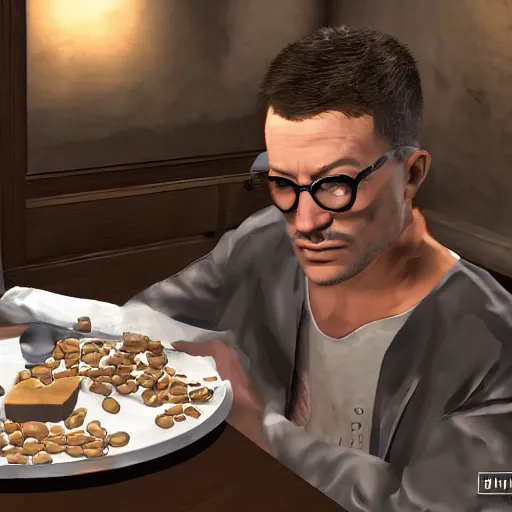 Image similar to jc denton from deus ex videogame eats cereal at a table near liberty island, high quality, photorealistic, highly detailed, 4 k, hd