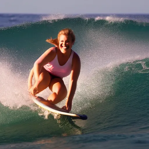 Prompt: queen elizabeth surfing in hawaii, smiling, having fun, golden hour, action photography