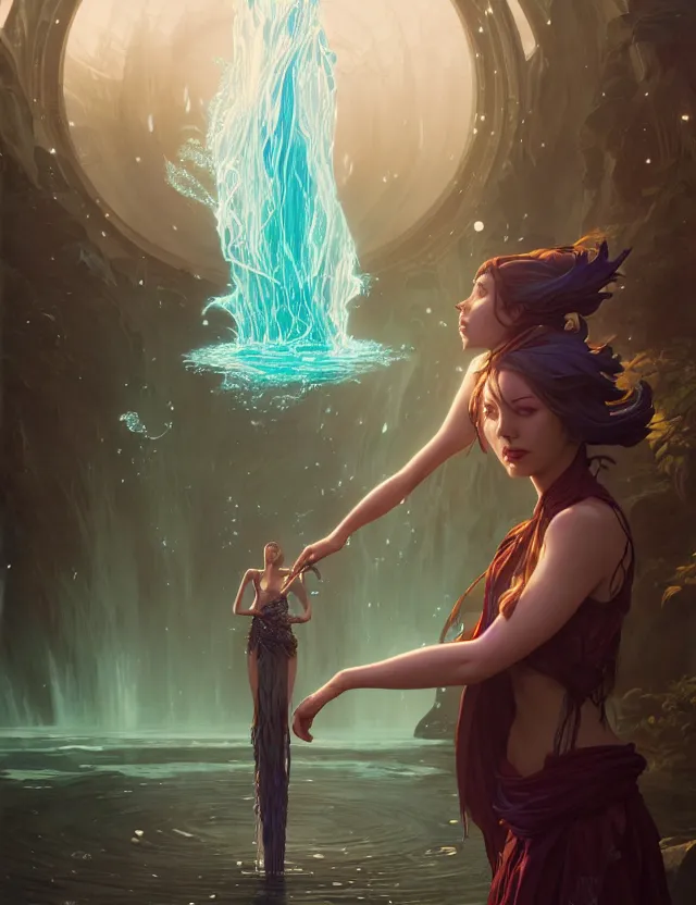 Prompt: highly detailed vfx portrait of a sorceress casting a water spell, unreal engine, greg rutkowski, loish, rads, beeple, makoto shinkai and lois van baerle, ilya kuvshinov, rossdraws, tom bagshaw, alphonse mucha, global lighting, detailed and complex environment