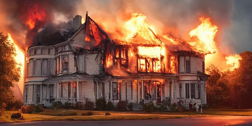 Prompt: queen anne style house on fire, cinematic, atmospheric, realistic