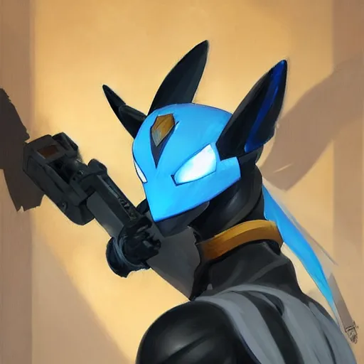 Image similar to greg manchess portrait painting of partially armored lucario as overwatch character, medium shot, asymmetrical, profile picture, organic painting, sunny day, matte painting, bold shapes, hard edges, street art, trending on artstation, by huang guangjian, gil elvgren, ruan jia, greg rutkowski, gaston bussiere