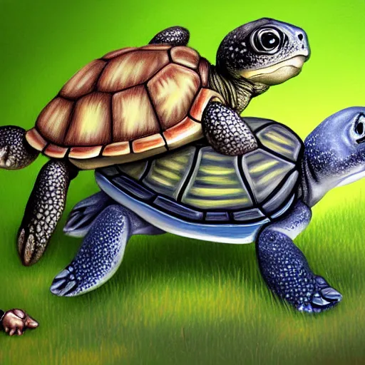 Image similar to baby turtle playing with a baby rabbit, concept art, painting, highly detailed