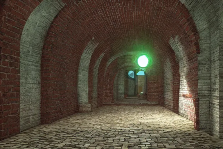 Prompt: underground water sewer tunnels, railing along the canal, brick walls, arches, detailed architecture, brass pipes on the walls, a slight green glow emanates from the water, artificial warm lighting, a variety of vivid materials, Unreal Engine render