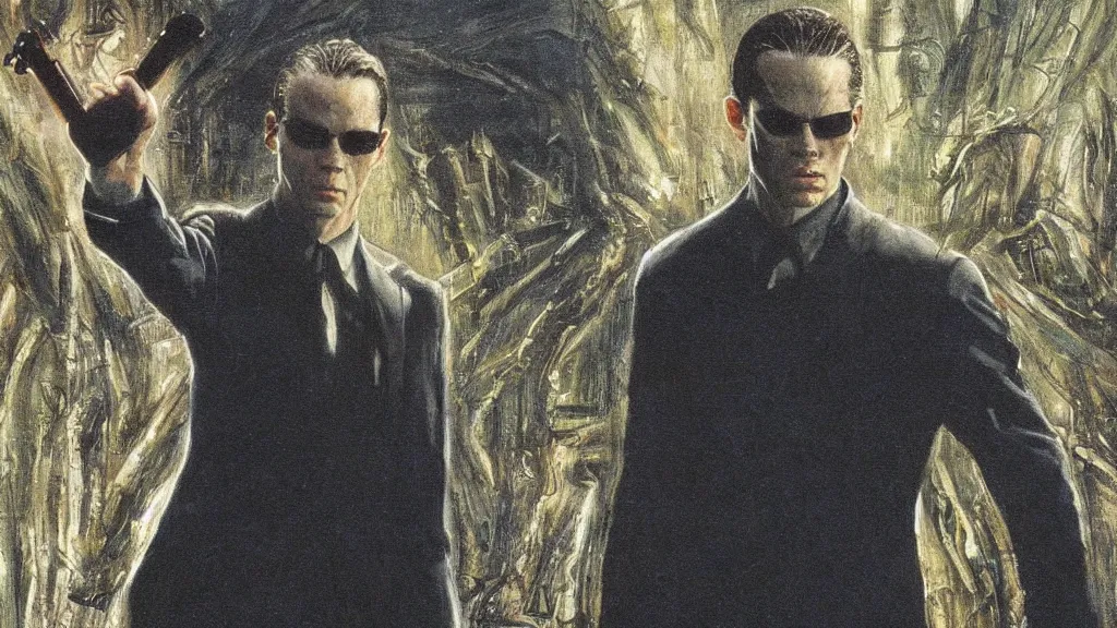 Image similar to an oil painting in the style of alan lee depictingneo fighting agent smith in the movie the matrix ( 1 9 9 9 )