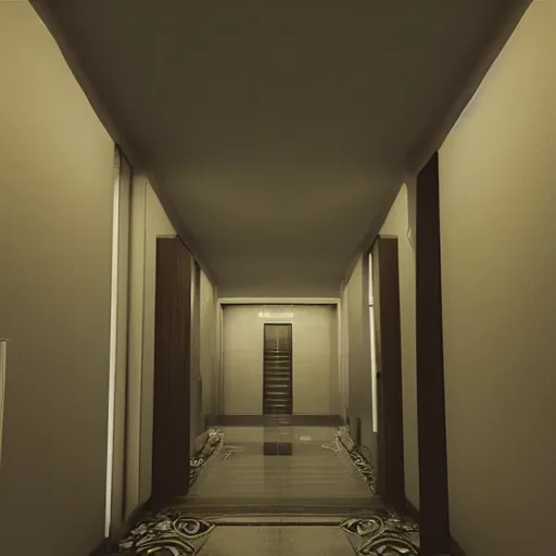 Prompt: “Sunlit Hallway with an elevator at the end, high quality, unreal engine, raytraced, photorealistic”