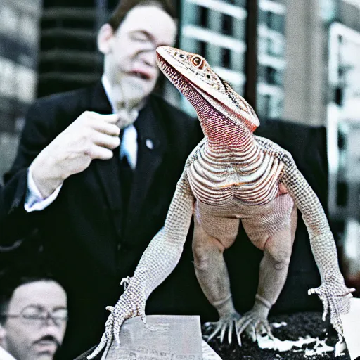 Image similar to conehead lizard businessmen burning money for fun, 35mm grainy film photography