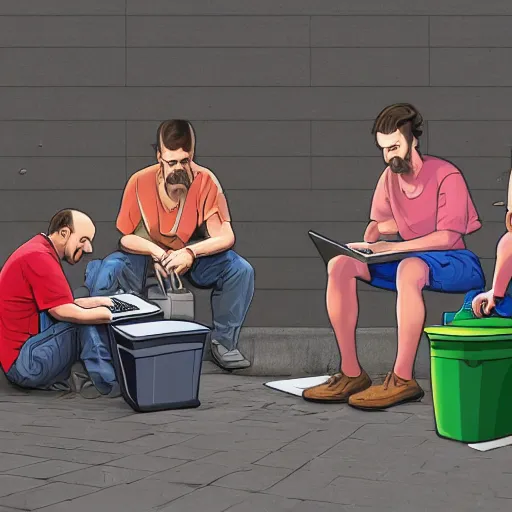 Image similar to a group of realistic bums using laptops near trashcans, angry, highly detailed, intricate, sharp focus, digital art, 8 k