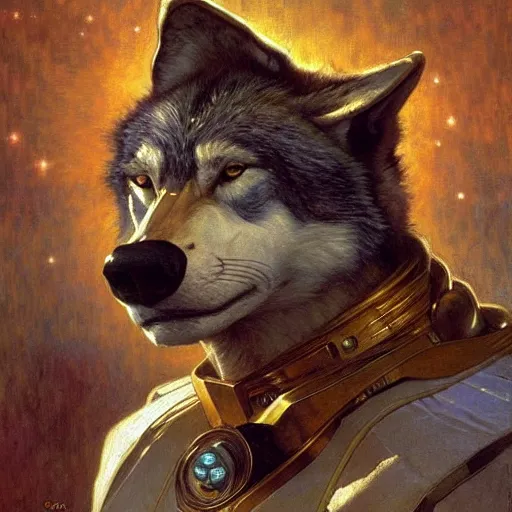 Image similar to a portrait of a wolf dogman canine star trek chief engineer. highly detailed painting by gaston bussiere craig mullins jc leyendecker gustav klimt artgerm greg rutkowski alphonse mucha furry