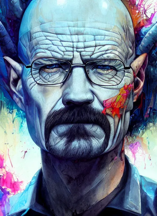 Image similar to a Demon Slayer portrait of Walter White, tall, pale-skinned, crystal blue eyes, chromatic aberration, by Stanley Artgerm, Tom Bagshaw, Arthur Adams, Carne Griffiths, trending on Deviant Art, street art, face enhance, chillwave, maximalist, full of color, glittering