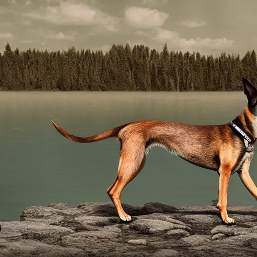 Prompt: malinois with many bones on an lake, matte painting, 4k