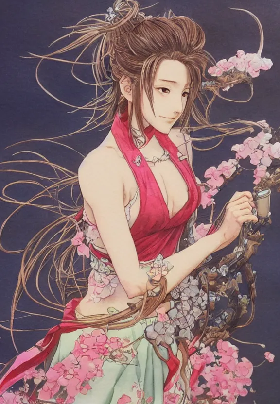 Image similar to aerith gainsborough, watercolor painting, full - body, ukiyo - e, nouveau, concept art, 8 0's fantasy art, yoshitaka amano, highly detailed, intricate, trending on artstation, award - winning