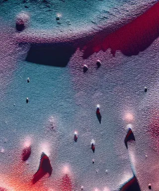 Image similar to An incredible matte photograph of an alien landscape taken from a satellite looking straight down, Nikon D5 Sigma 50–500mm lens, ambient occlusion, volumetric lighting, rtx ray tracing, unreal engine, psychedelic colors, by Vadim Sadovski artstation, Lighting by Charly Vanlaere artstation