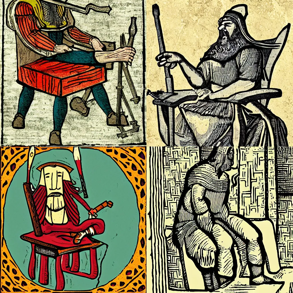 Prompt: Norse god of chair making, medieval illustration HD