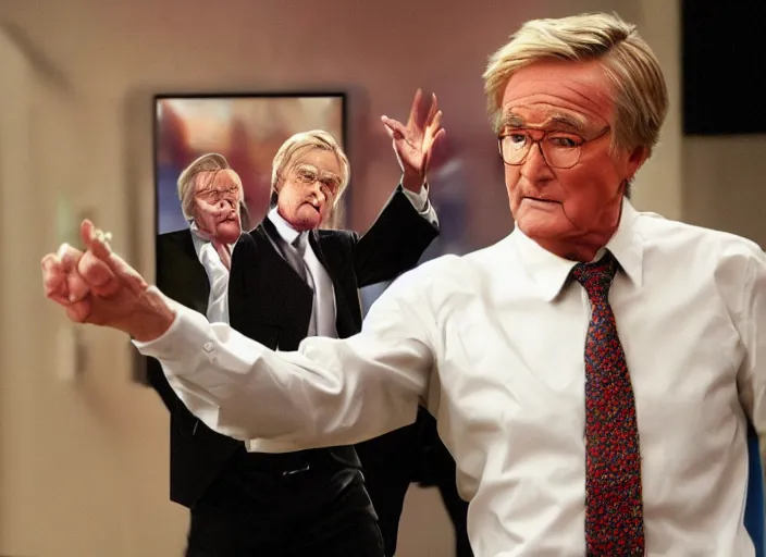 Image similar to action shot of ken barlow from coronation Street performing a hadouken, realistic, detailed, cinematic, concept art, digital art,