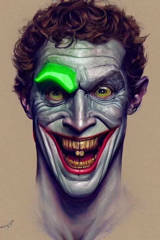 Prompt: portrait of mark zuckerberg as the joker as a hulking herculean demon orc bugbear clown, godlike, upper body, fantasy, intricate, elegant, highly detailed, digital painting, artstation, concept art, sharp focus, illustration, art by artgerm and greg rutkowski and alphonse mucha