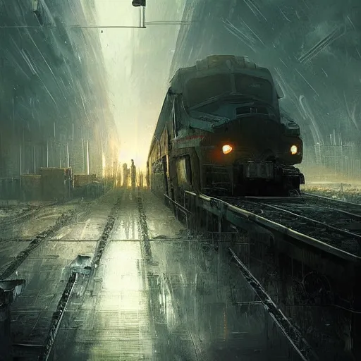 Image similar to a train driving trough dystopian hellscape, long shot, lumnious, magical, atmospheric, urban concept art, backlighting, by greg rutkowski *, martin mottet, maya takamura, and william turner