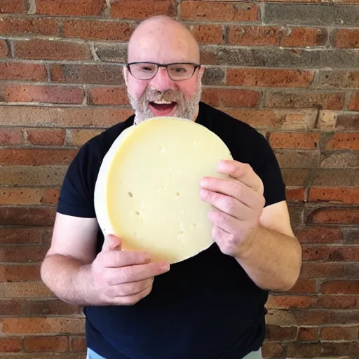 Image similar to richard mottern eating a large wheel of cheese,