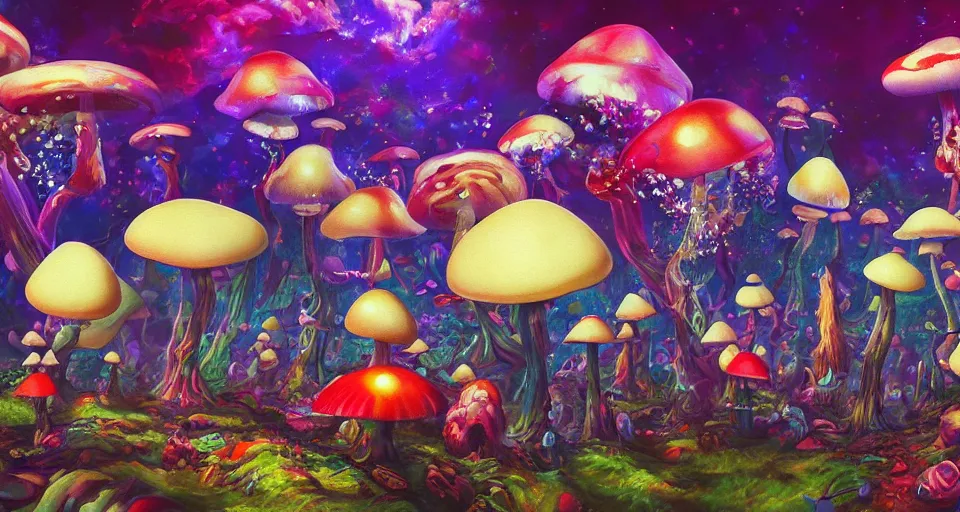 Image similar to a beautiful painting of trippy mushrooms by Tokio Aoyama, Mario Martinez, David Normal. photorealistic, trending on artstation, dramatic lighting, 8K, fantasy beautiful, surreal, cinematic.