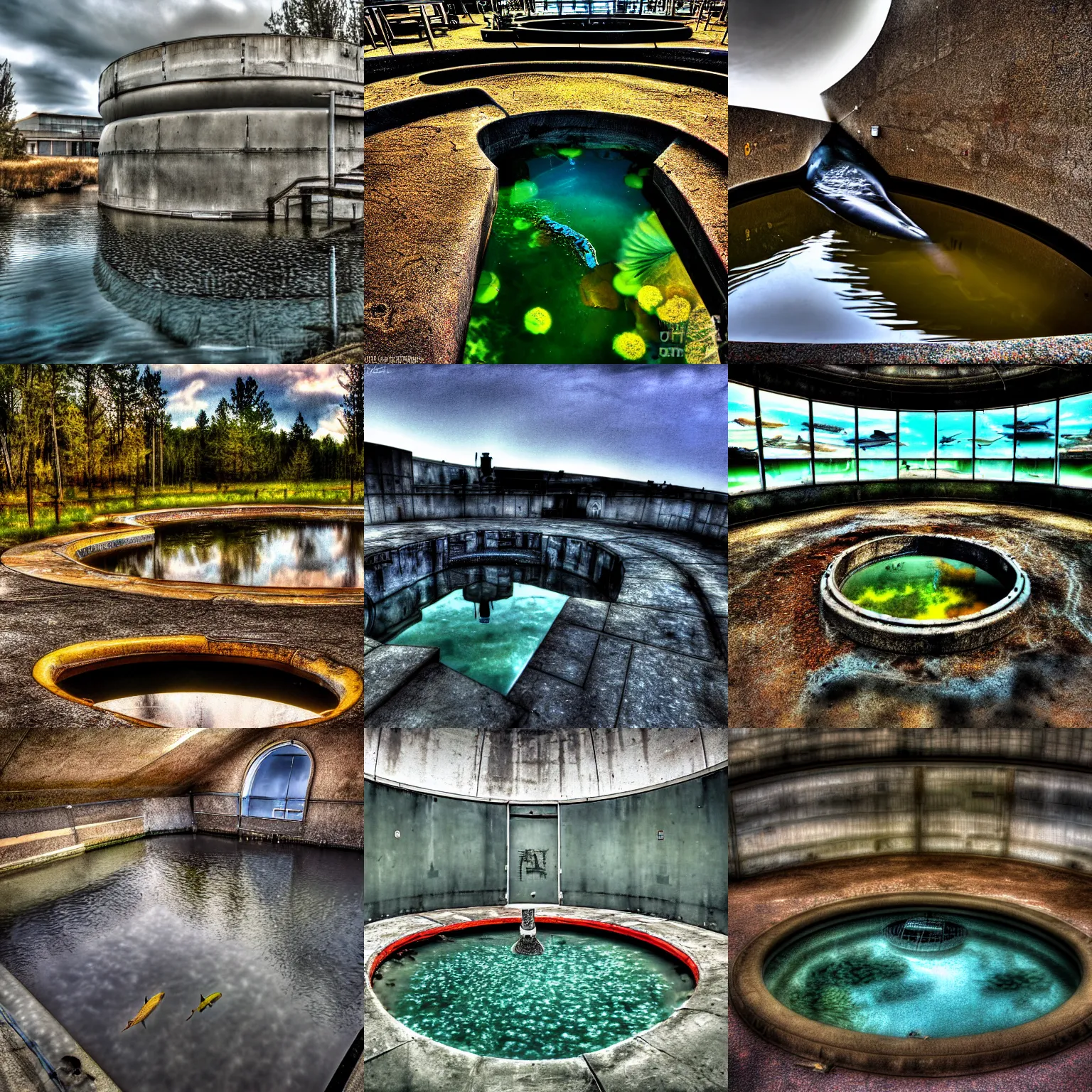 Prompt: A fish pond in a nuclear missile silo, HDR photo, award-winning