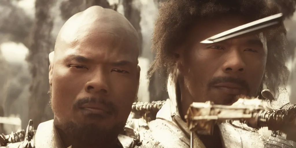 Image similar to a film still of a black man starring in a japanese blockbuster film as an evil samurai, shallow depth of field, cinematic, award winning cgi, vfx, film still